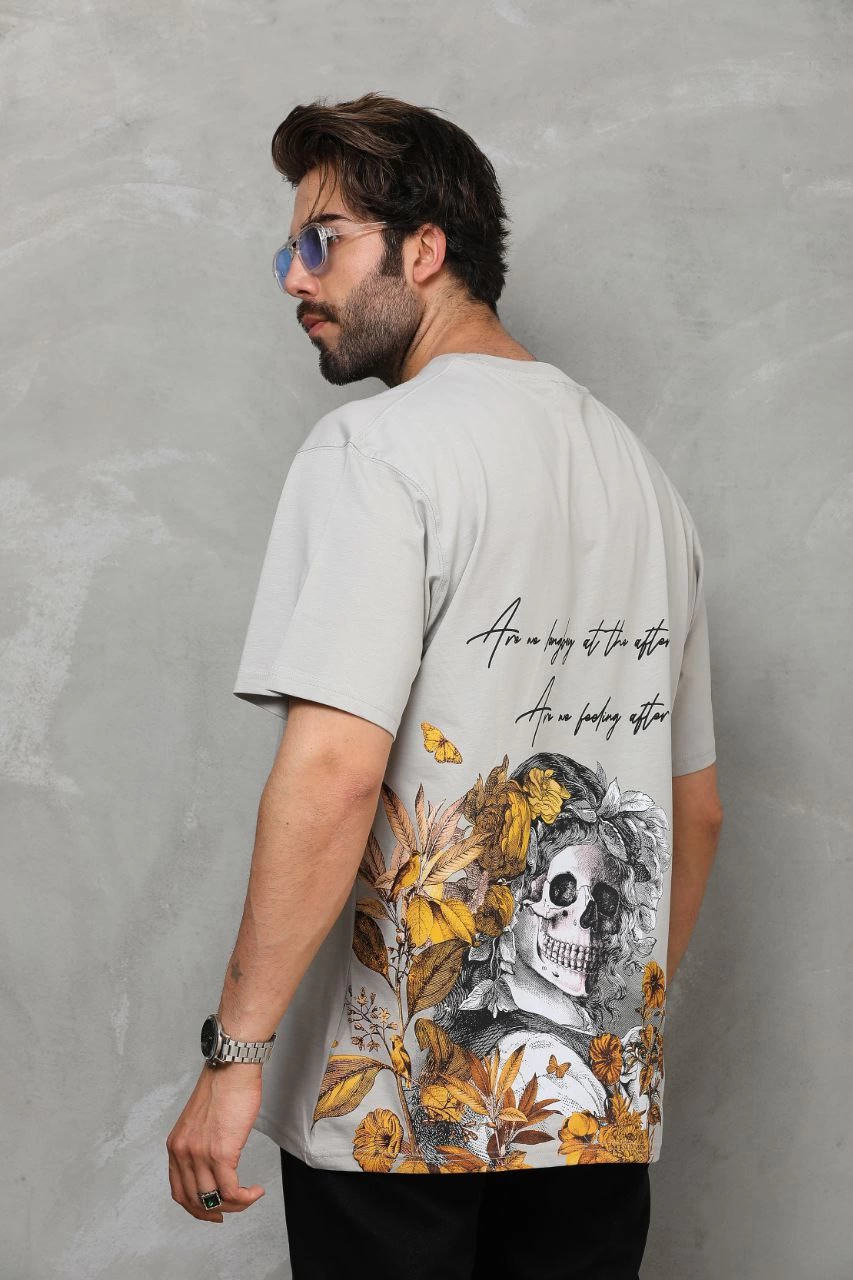 Bisiklet Yaka Baskılı Oversize T-Shirt - Gri