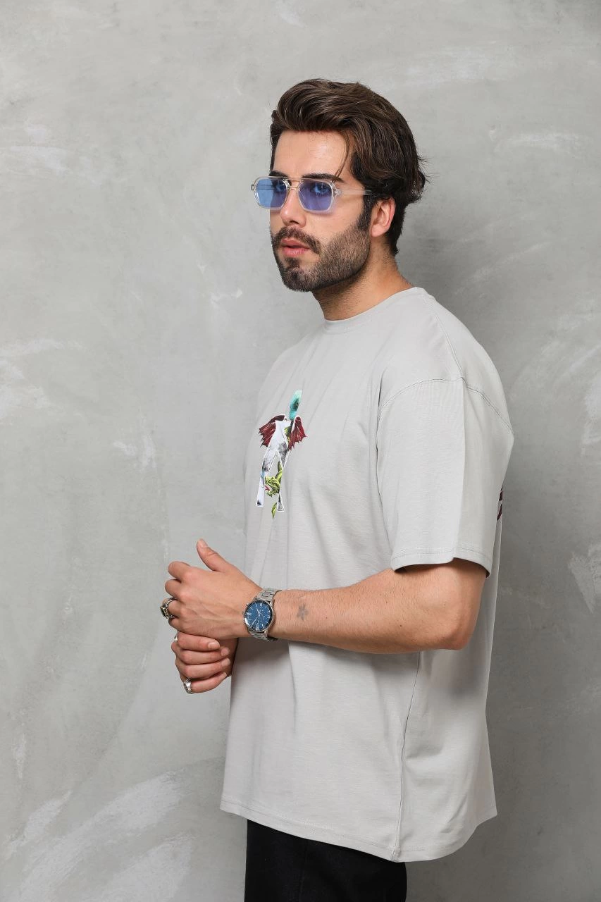 Bisiklet Yaka Baskılı Oversize T-Shirt - Gri -
