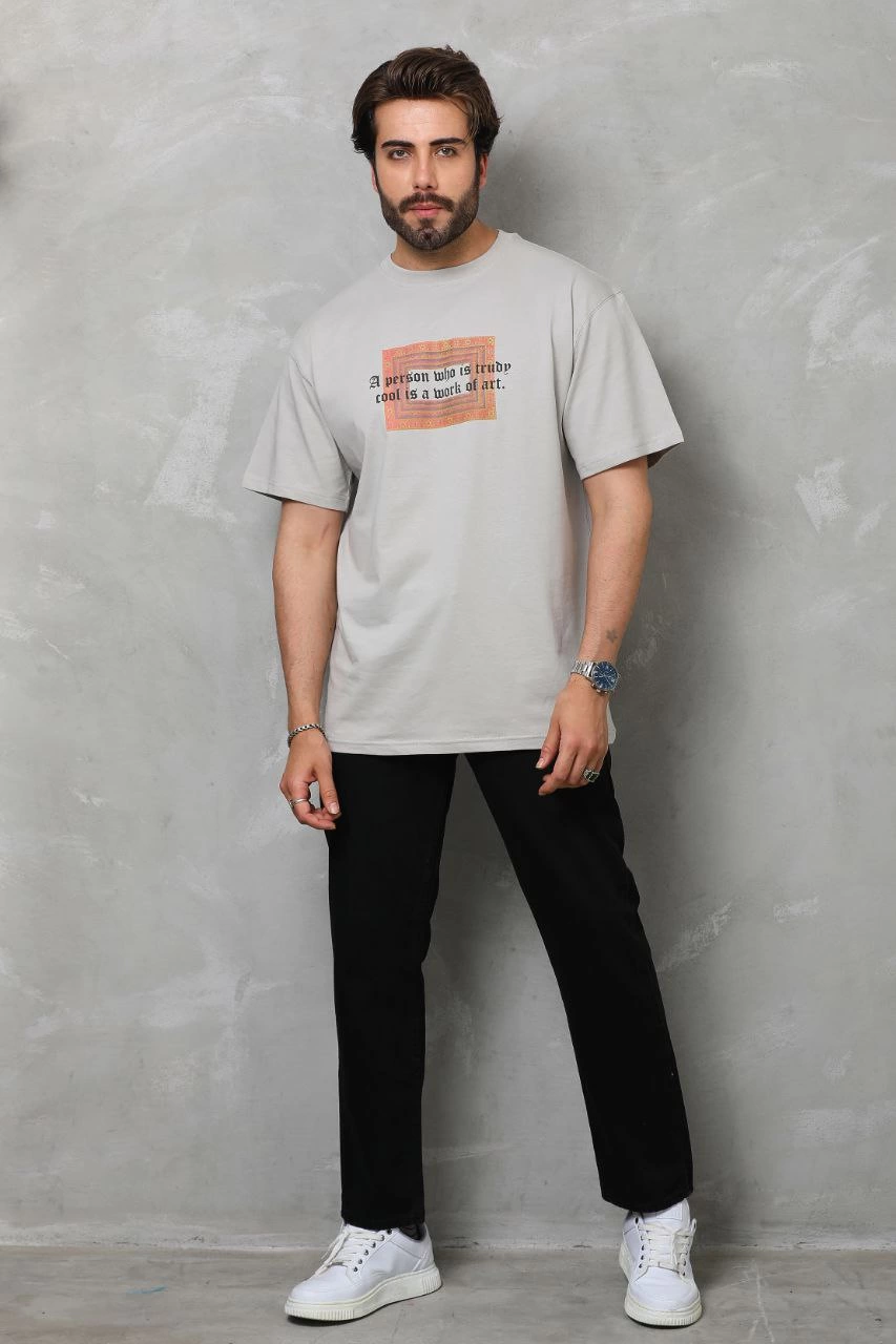 Bisiklet Yaka Baskılı Oversize T-Shirt - Gri -