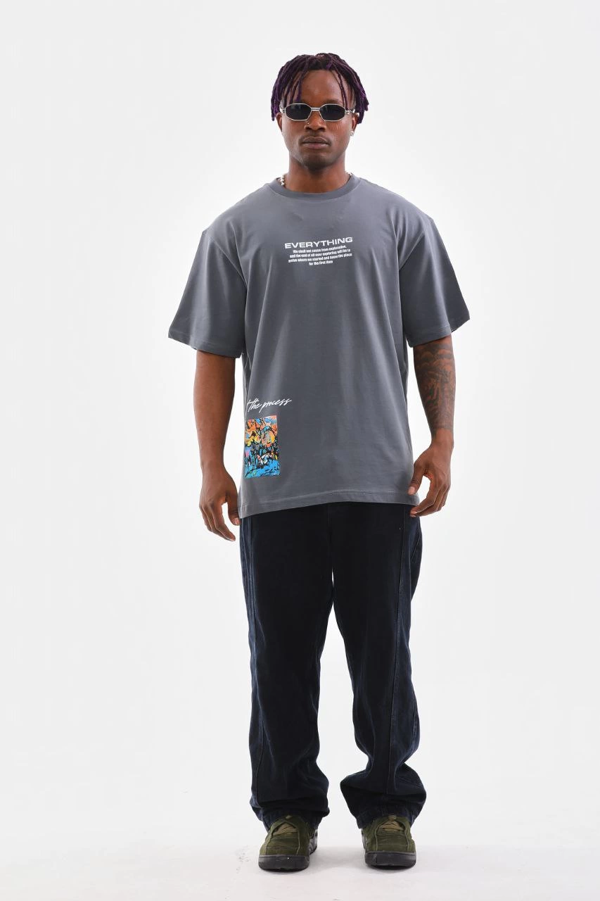 Bisiklet Yaka Baskılı Oversize T-Shirt - Gri -