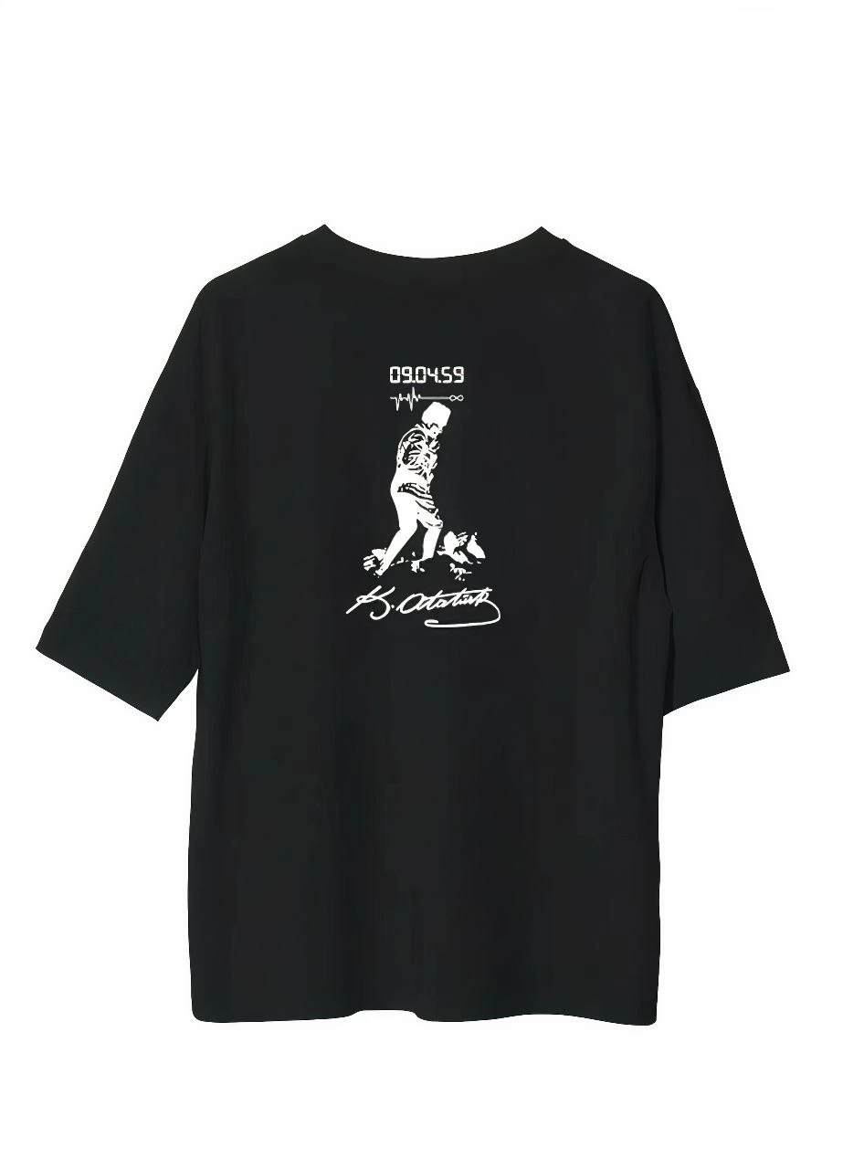 Bisiklet Yaka Baskılı Oversize T-Shirt - Siyah