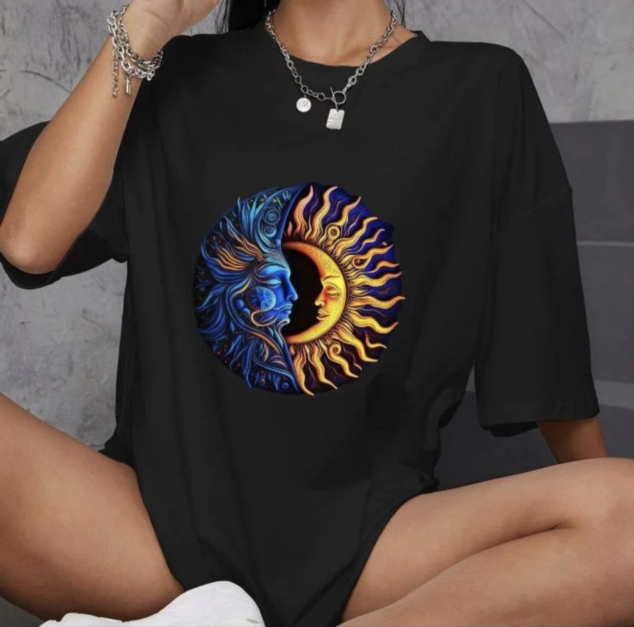 Bisiklet Yaka Baskılı Oversize T-Shirt - Siyah -