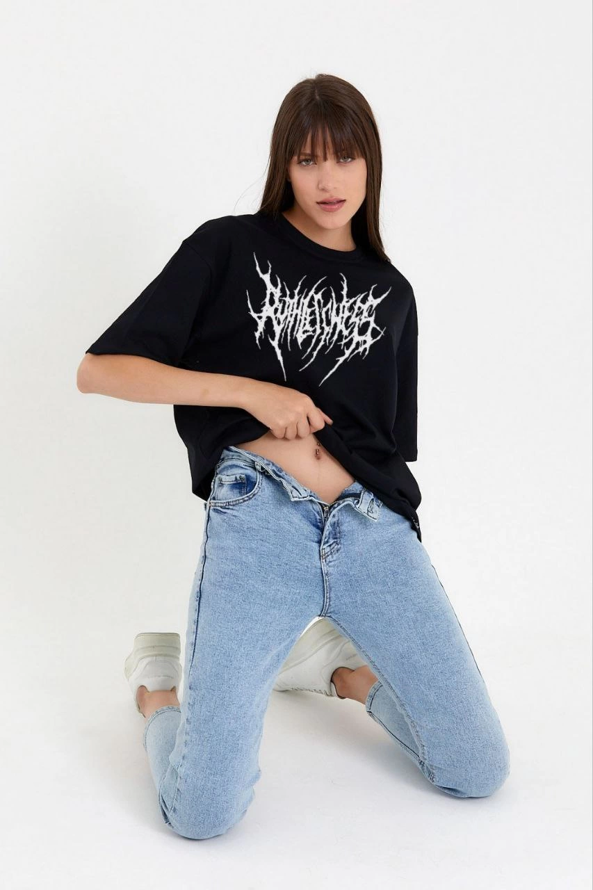 Bisiklet Yaka Baskılı Oversize T-Shirt - Siyah -