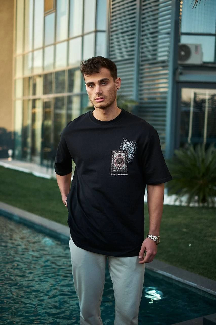 Bisiklet Yaka Baskılı Oversize T-Shirt - Siyah -