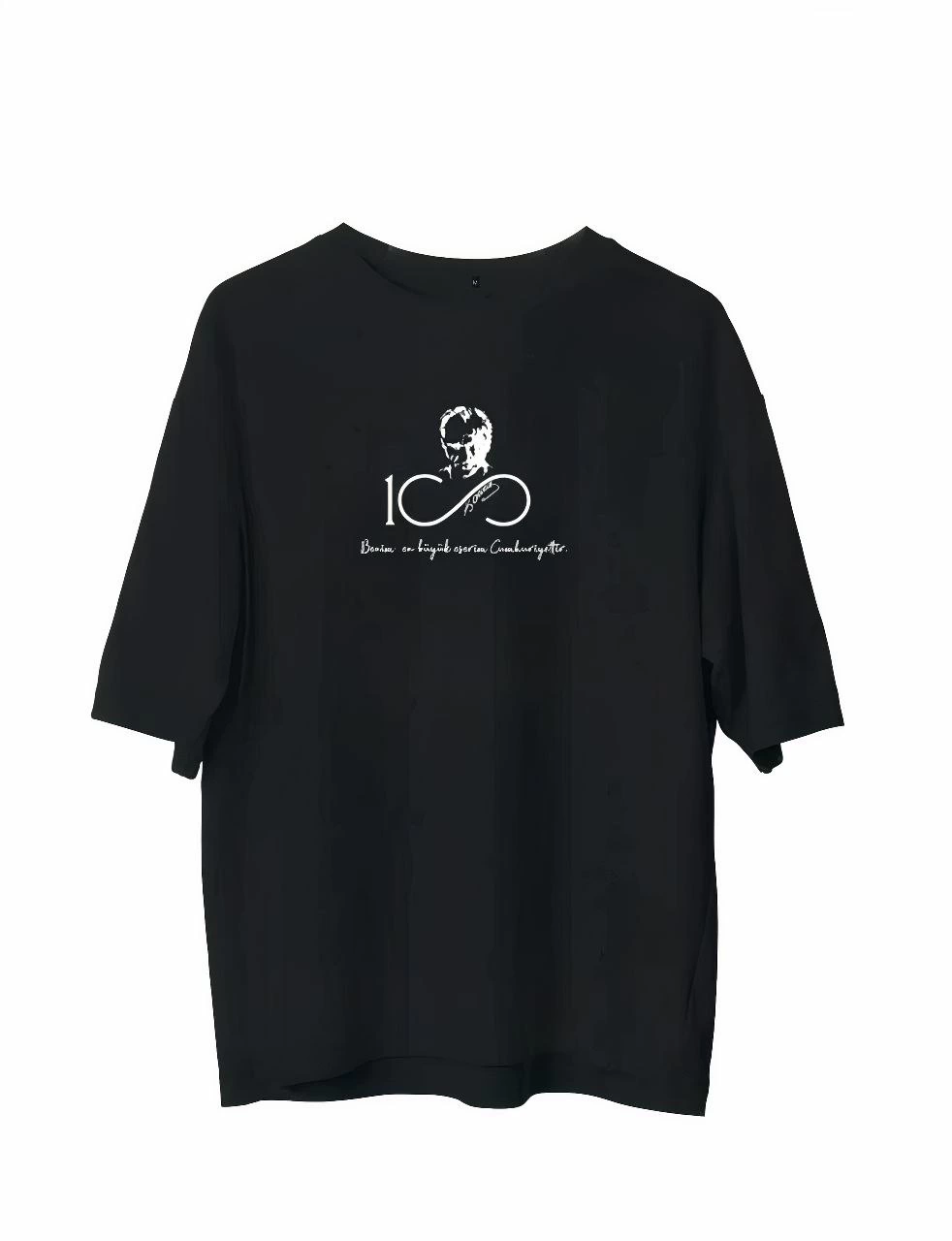 Bisiklet Yaka Baskılı Oversize T-Shirt - Siyah -