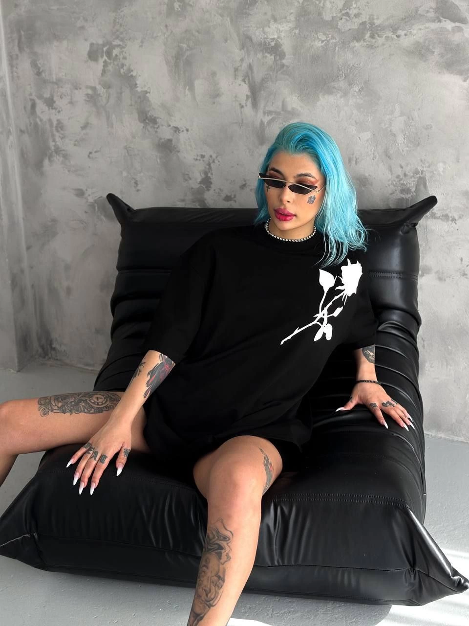 Bisiklet Yaka Baskılı Oversize T-Shirt - Siyah -