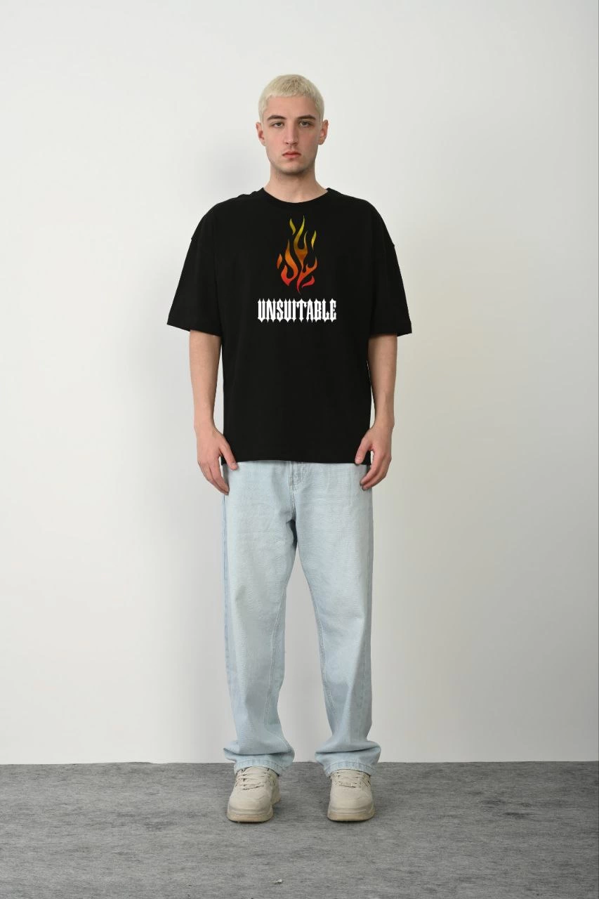 Bisiklet Yaka Baskılı Oversize T-Shirt - Siyah -