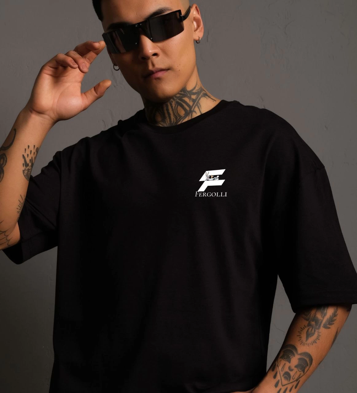 Bisiklet Yaka Baskılı Oversize T-Shirt - Siyah -