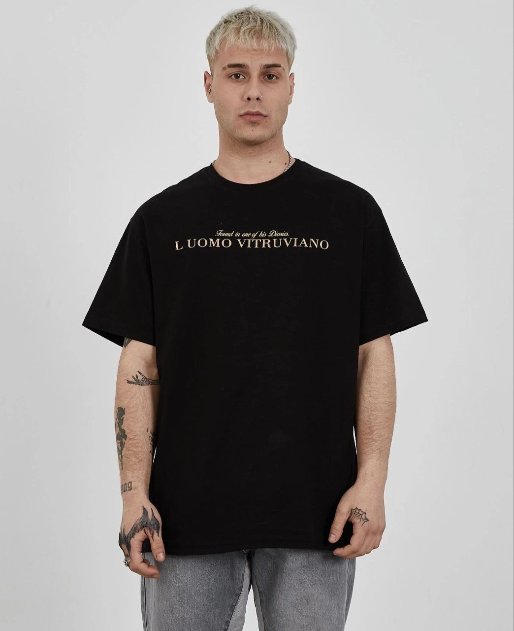 Bisiklet Yaka Baskılı Oversize T-Shirt - Siyah -