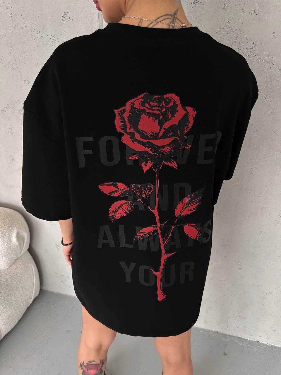 Bisiklet Yaka Baskılı Oversize T-Shirt - Siyah -