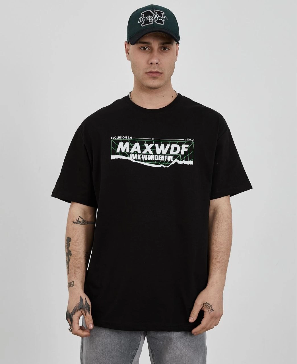 Bisiklet Yaka Baskılı Oversize T-Shirt - Siyah -