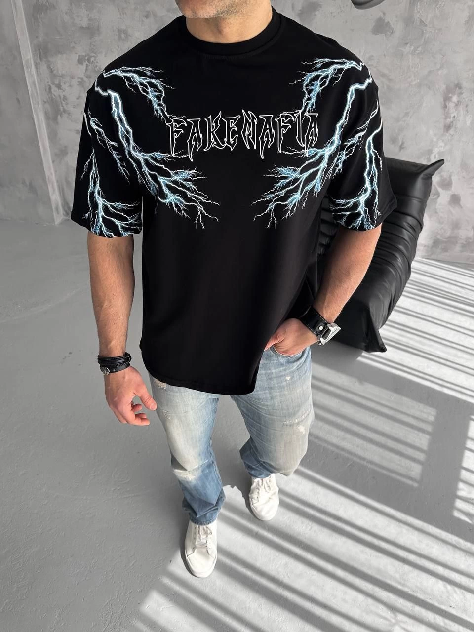 Bisiklet Yaka Baskılı Oversize T-Shirt-Siyah