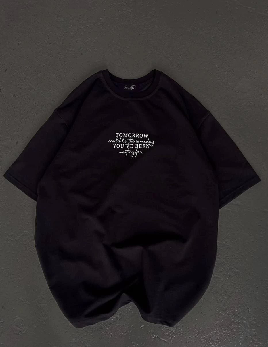 Bisiklet Yaka Baskılı Oversize T-Shirt - Siyah -