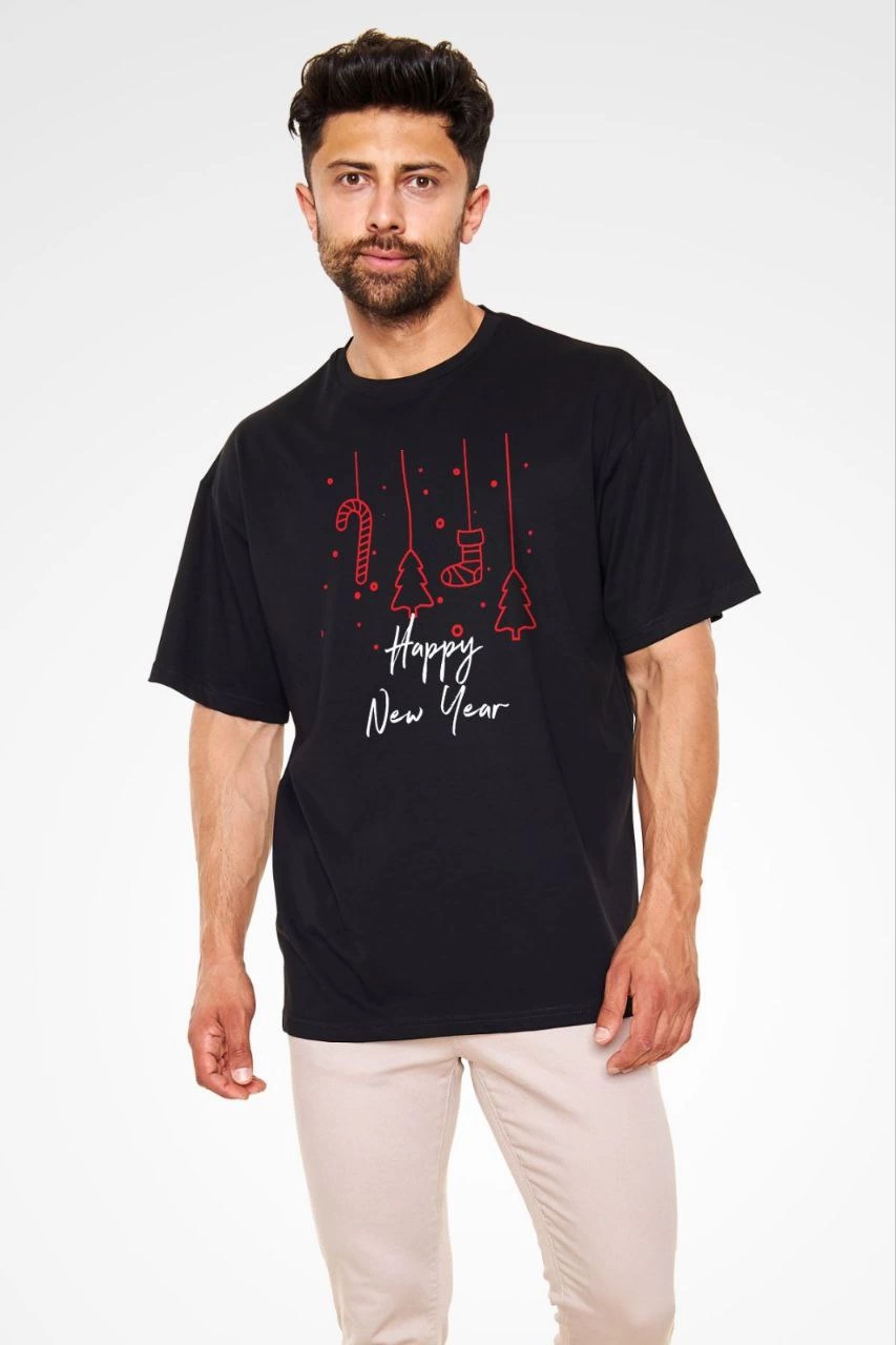 Bisiklet Yaka Baskılı Oversize T-Shirt - Siyah