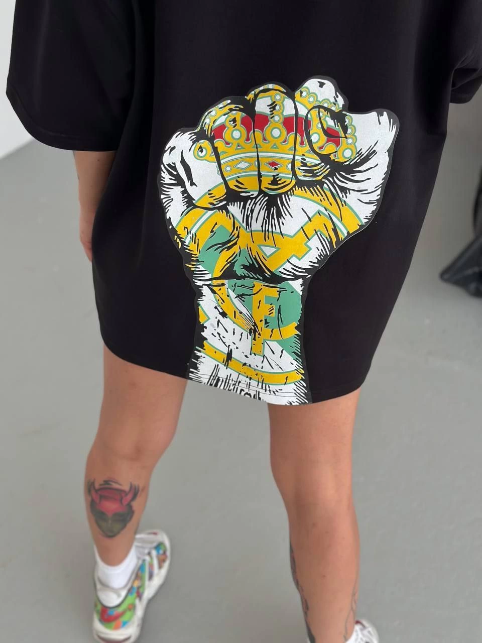Bisiklet Yaka Baskılı Oversize T-Shirt - Siyah