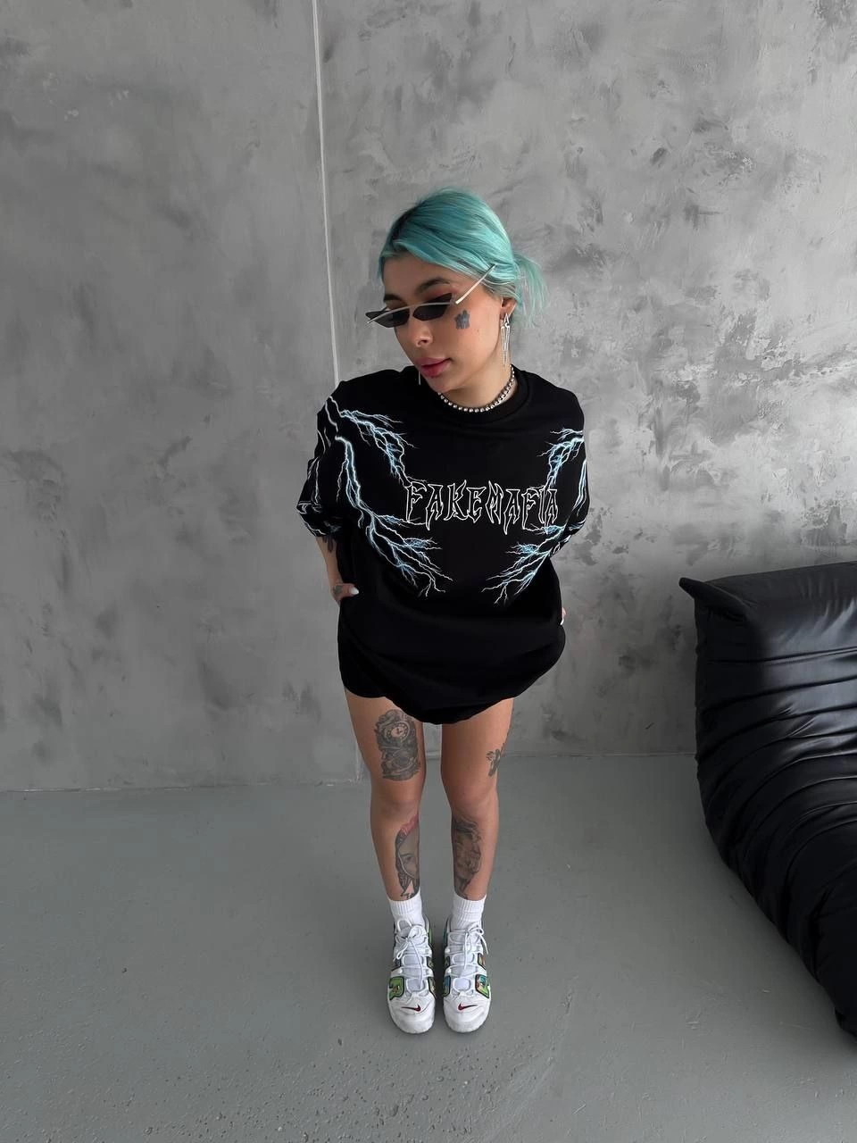 Bisiklet Yaka Baskılı Oversize T-Shirt - Siyah
