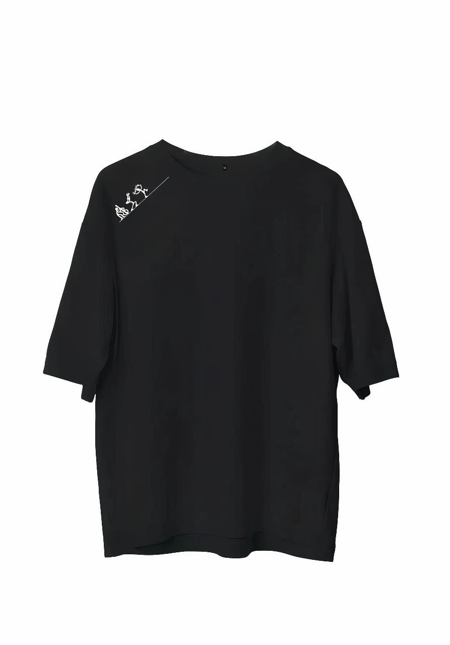 Bisiklet Yaka Baskılı Oversize T-Shirt - Siyah -