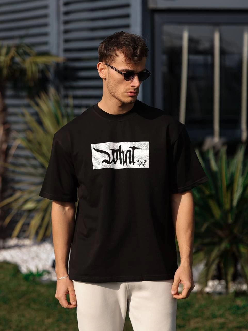 Bisiklet Yaka Baskılı Oversize T-Shirt - Siyah -