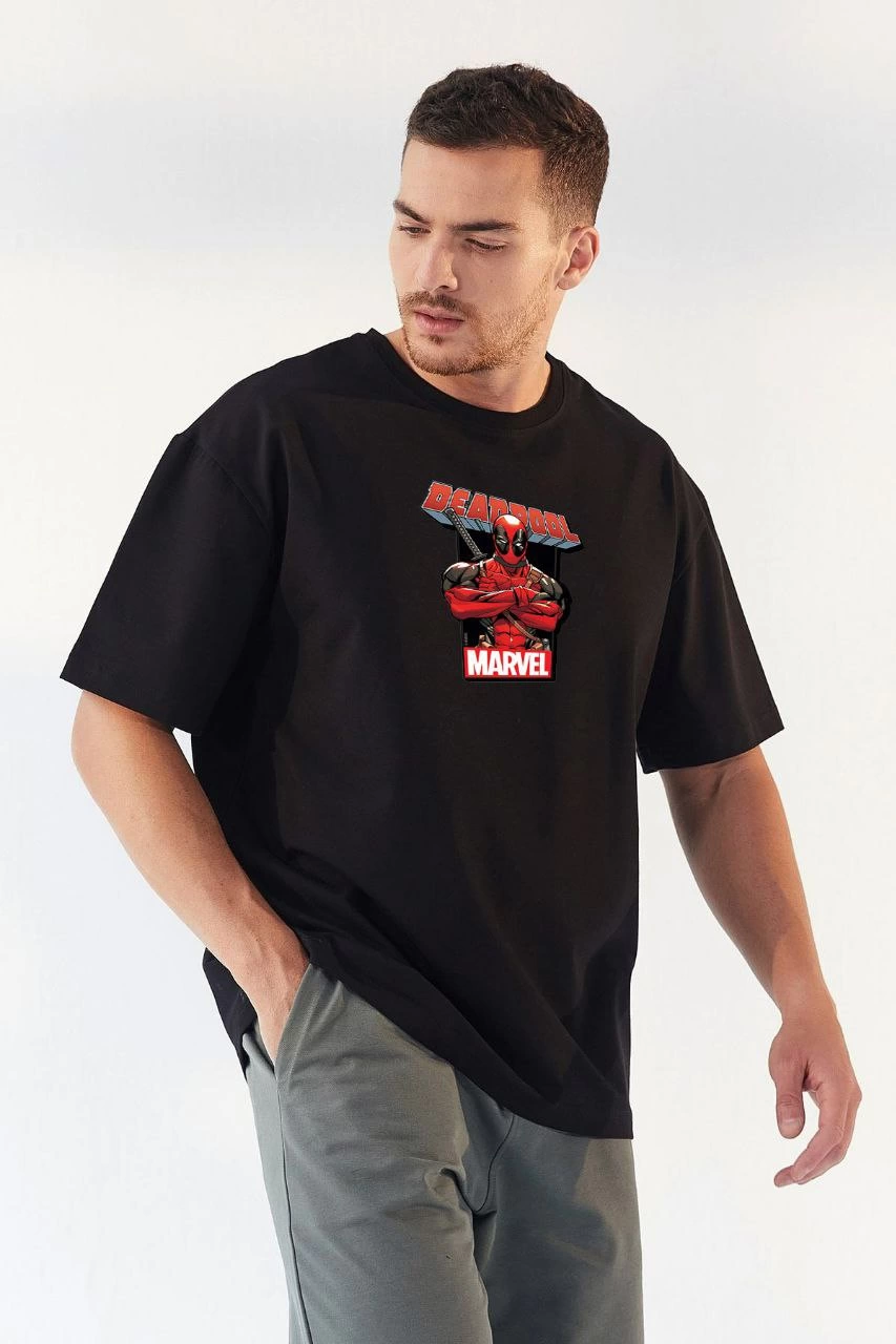 Bisiklet Yaka Baskılı Oversize T-Shirt - Siyah -