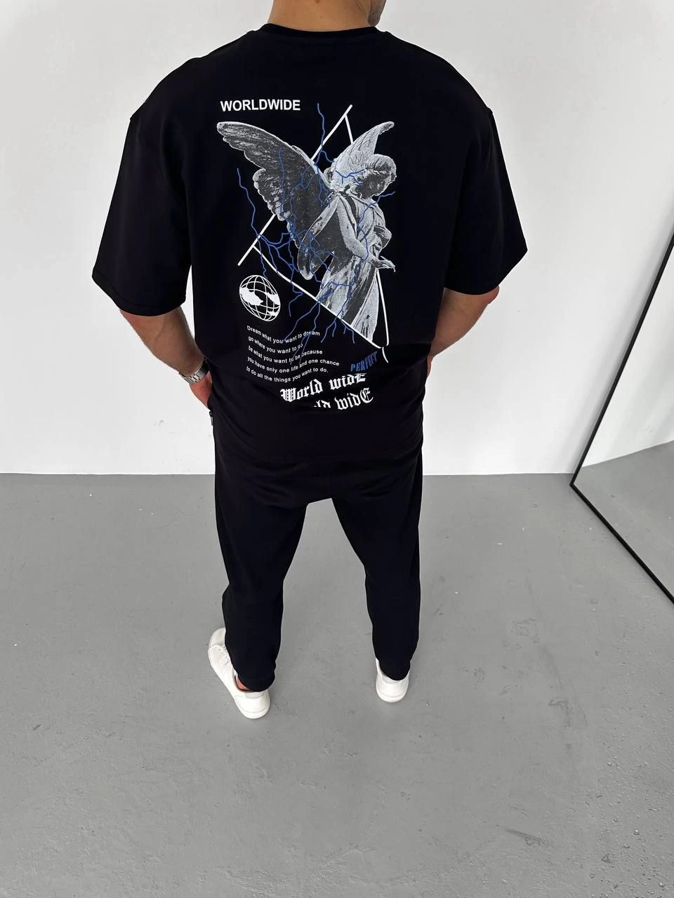 Bisiklet Yaka Baskılı Oversize T-Shirt - Siyah -