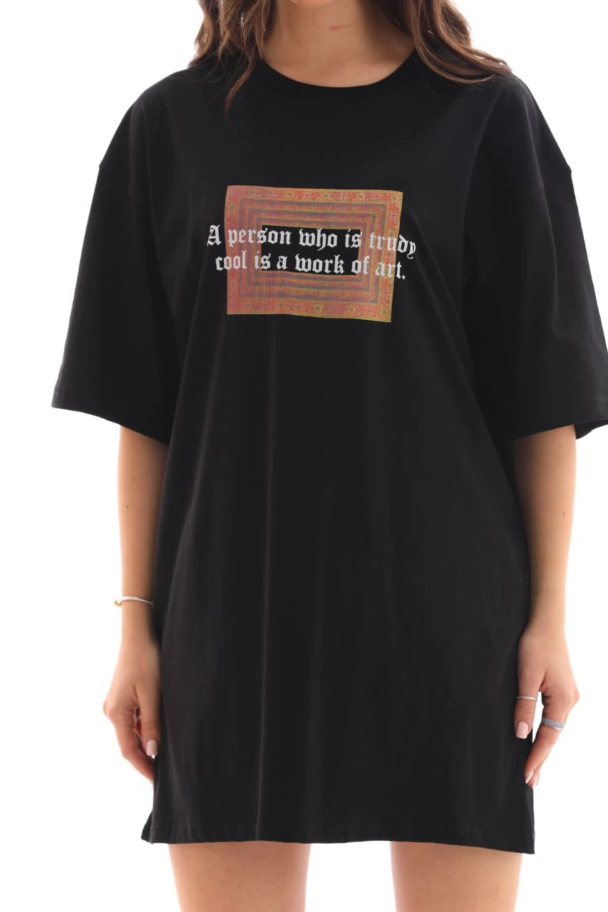 Bisiklet Yaka Baskılı Oversize T-Shirt - Siyah -