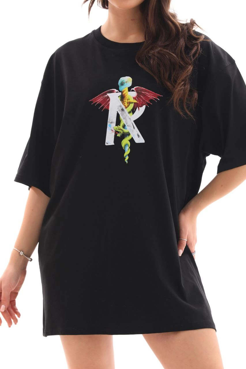 Bisiklet Yaka Baskılı Oversize T-Shirt - Siyah -