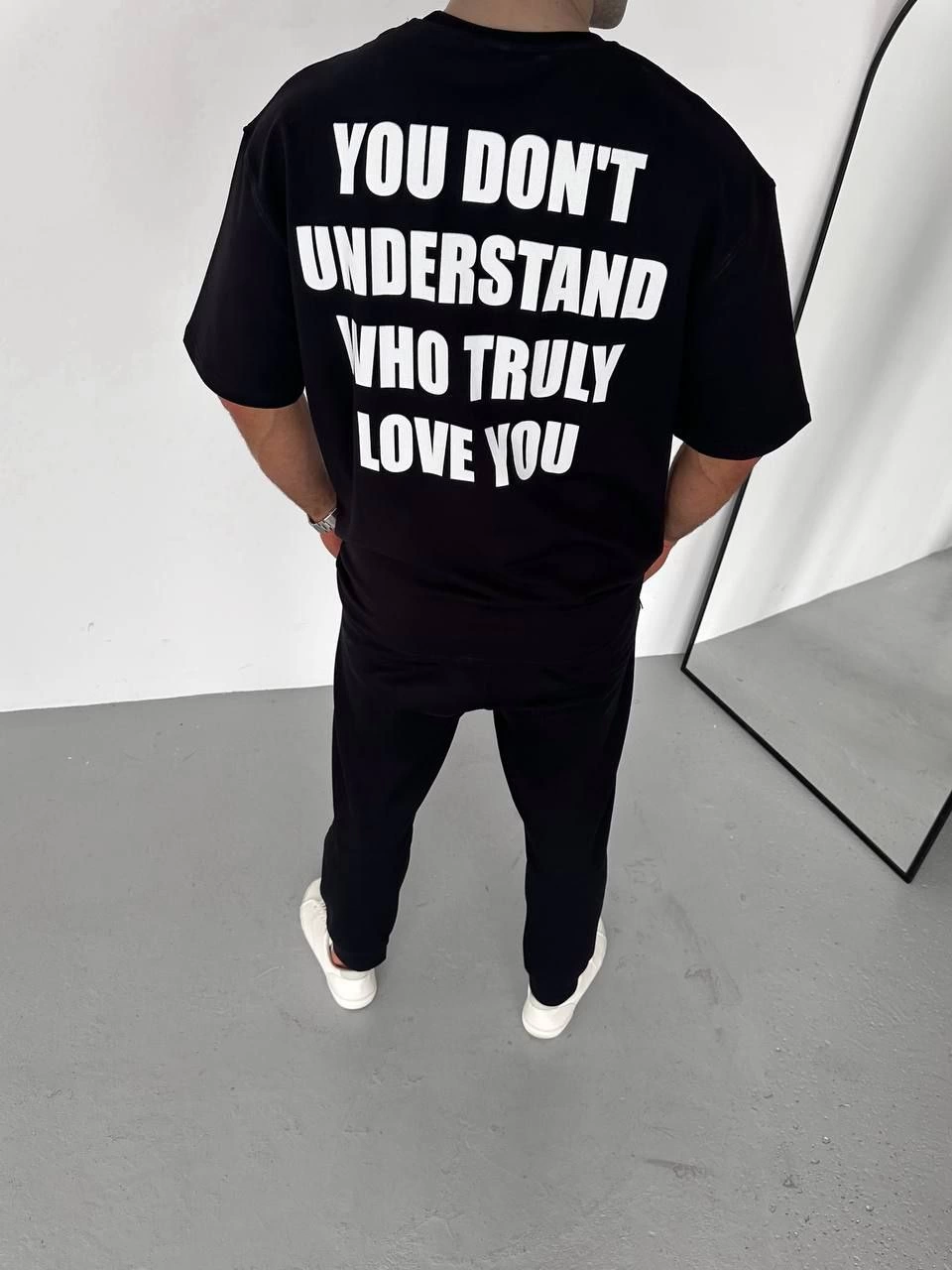 Bisiklet Yaka Baskılı Oversize T-Shirt - Siyah -