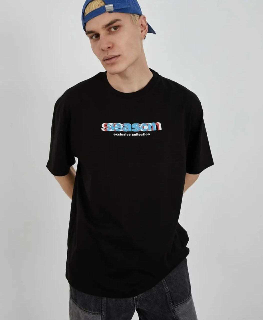Bisiklet Yaka Baskılı Oversize T-Shirt - Siyah
