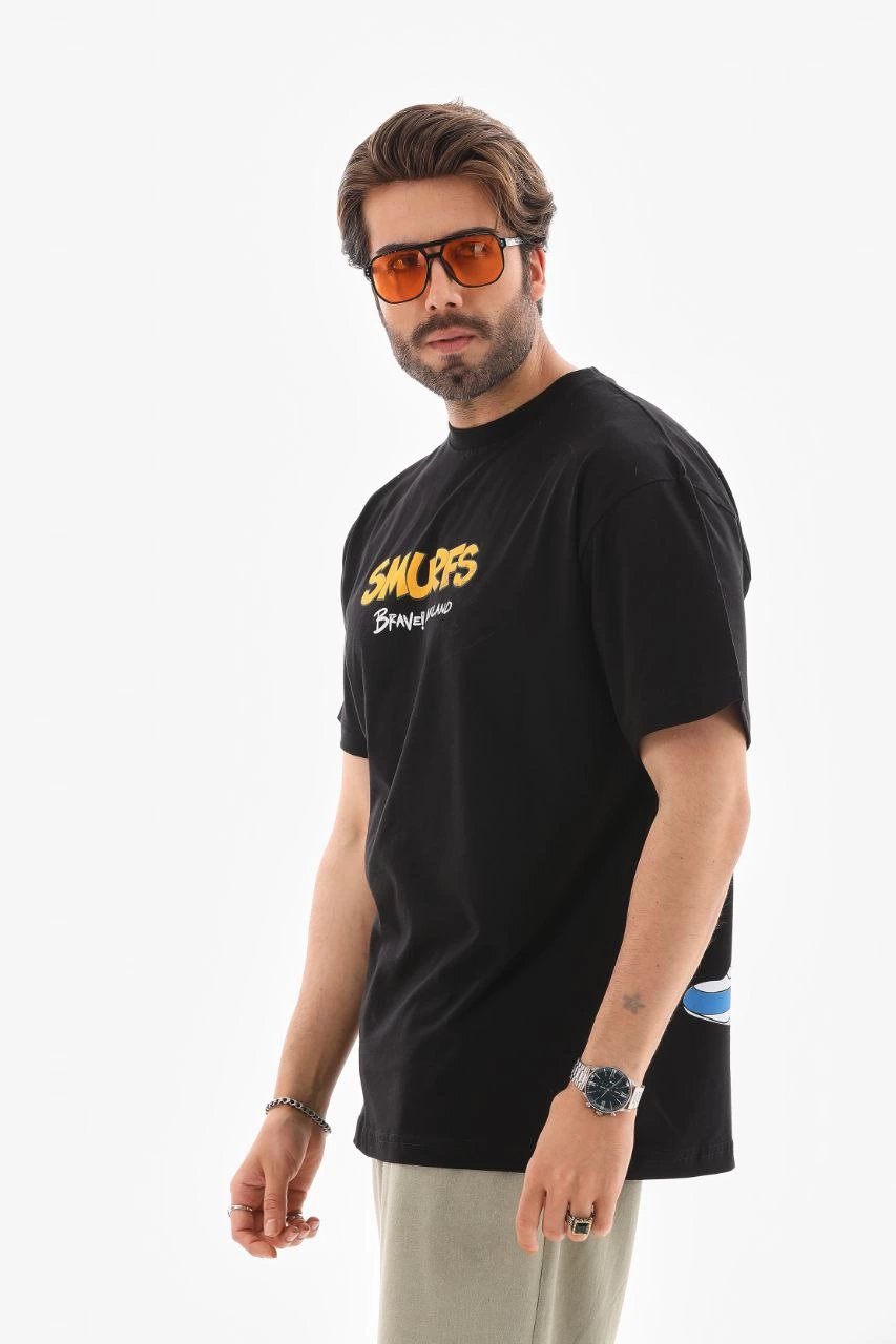 Bisiklet Yaka Baskılı Oversize T-Shirt - Siyah -