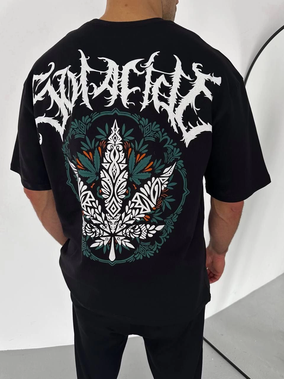 Bisiklet Yaka Baskılı Oversize T-Shirt - Siyah -