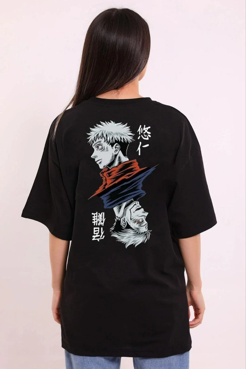 Bisiklet Yaka Baskılı Oversize T-Shirt - Siyah -