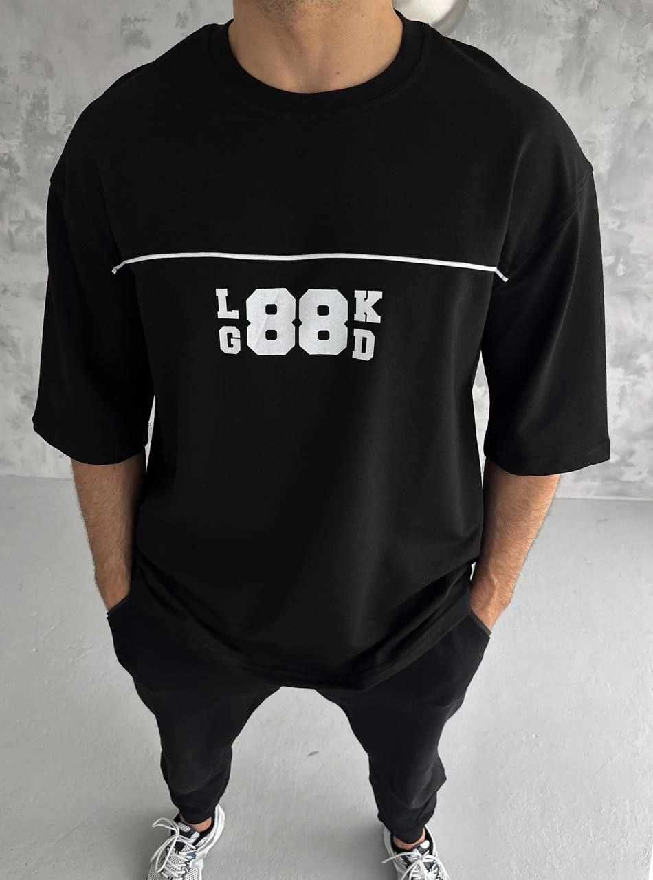 Bisiklet Yaka Baskılı Oversize T-Shirt - Siyah -