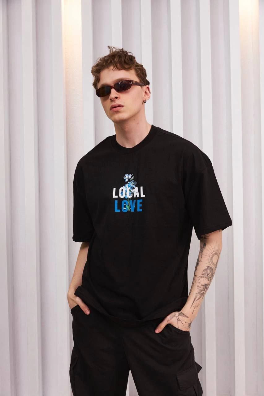 Bisiklet Yaka Baskılı Oversize T-Shirt - Siyah -