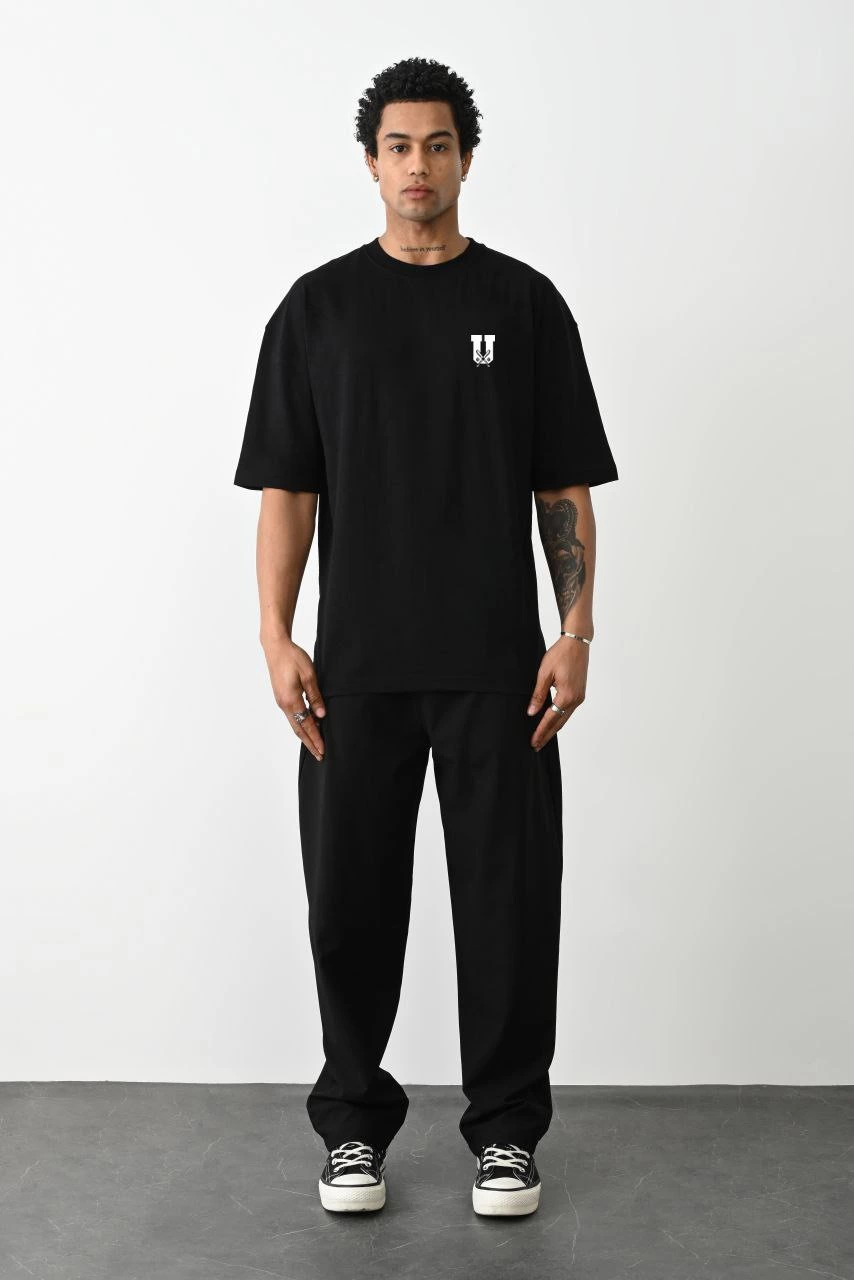 Bisiklet Yaka Baskılı Oversize T-Shirt - Siyah -