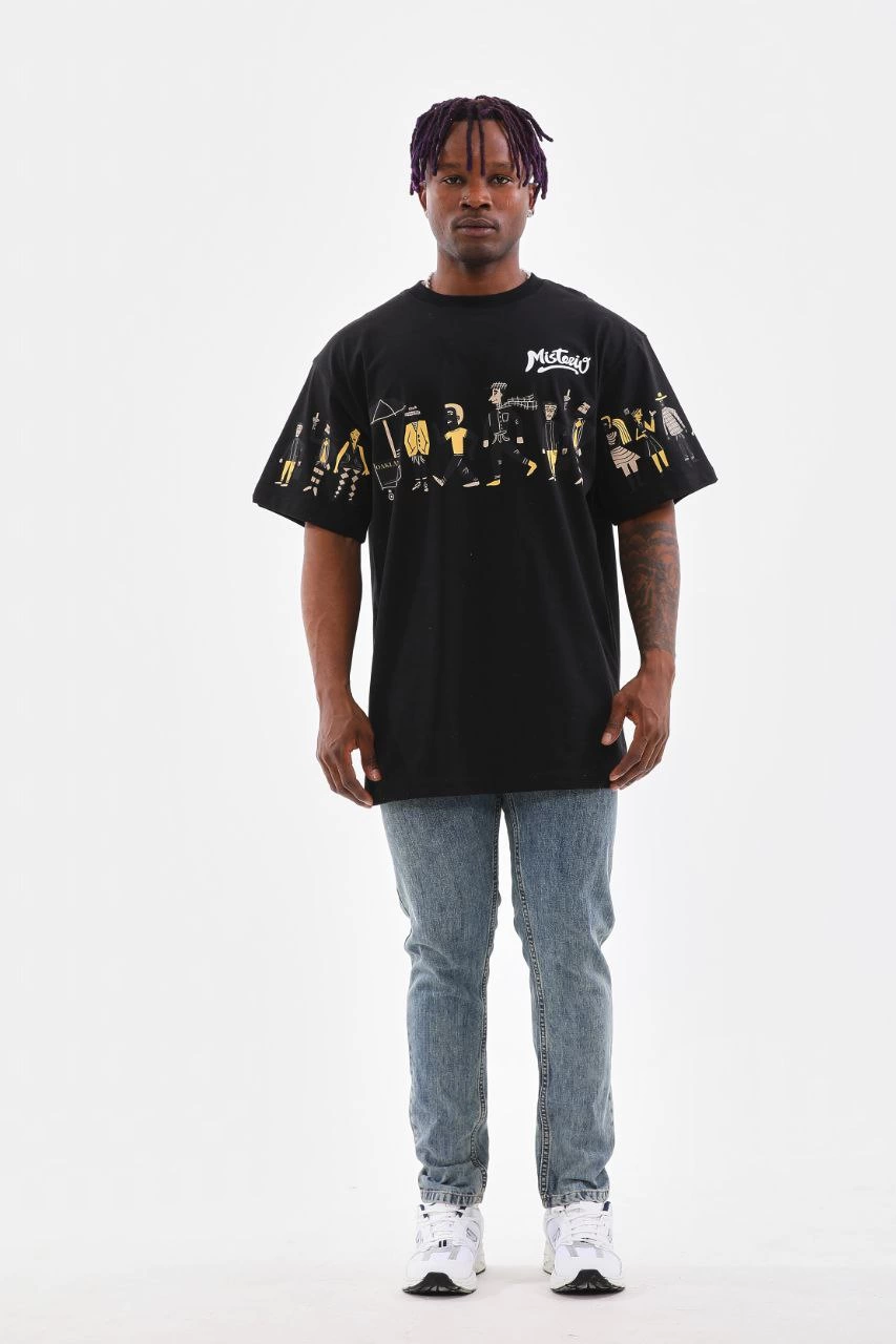 Bisiklet Yaka Baskılı Oversize T-Shirt - Siyah -