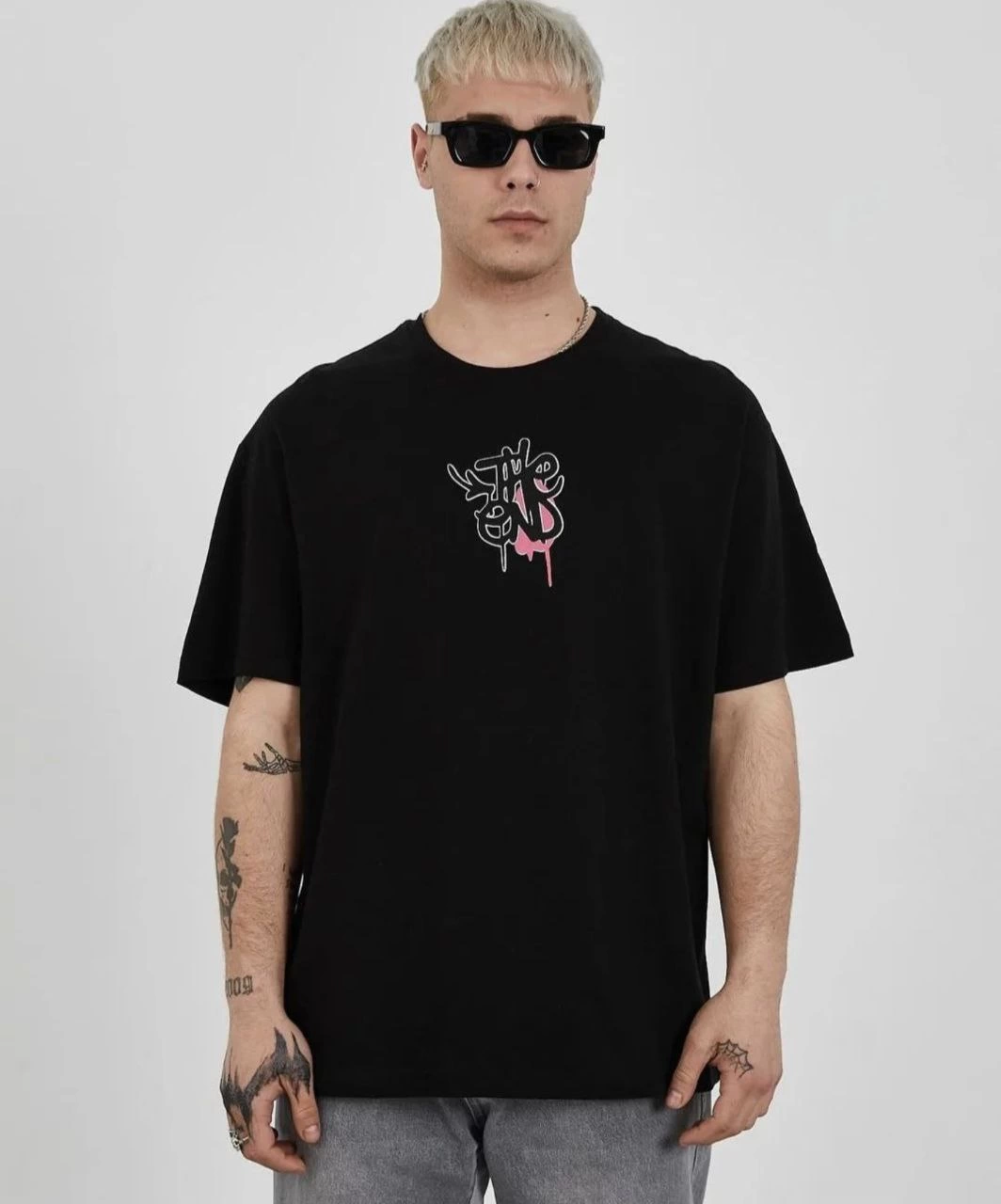 Bisiklet Yaka Baskılı Oversize T-Shirt - Siyah