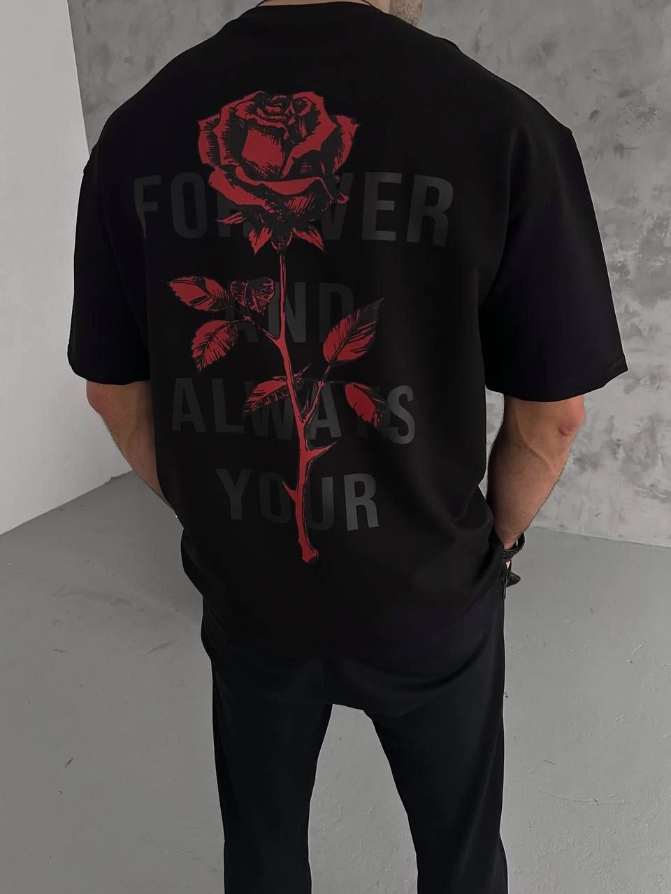 Bisiklet Yaka Baskılı Oversize T-Shirt - Siyah -
