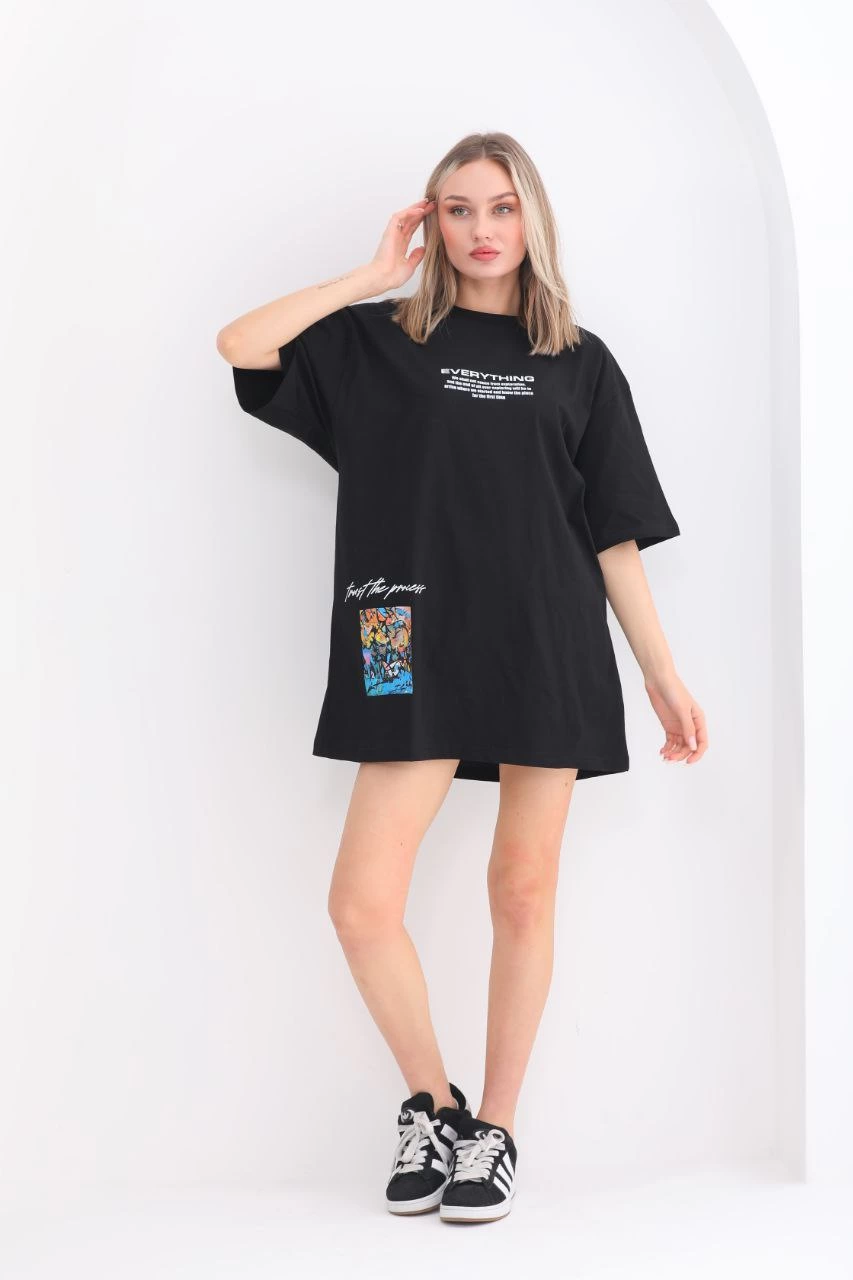 Bisiklet Yaka Baskılı Oversize T-Shirt - Siyah -