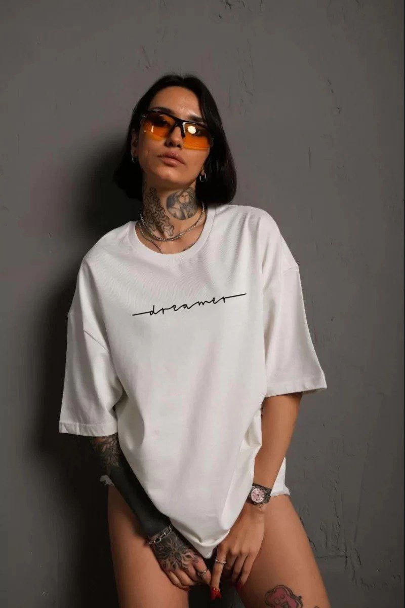 Bisiklet Yaka Baskılı T-Shirt - Beyaz -