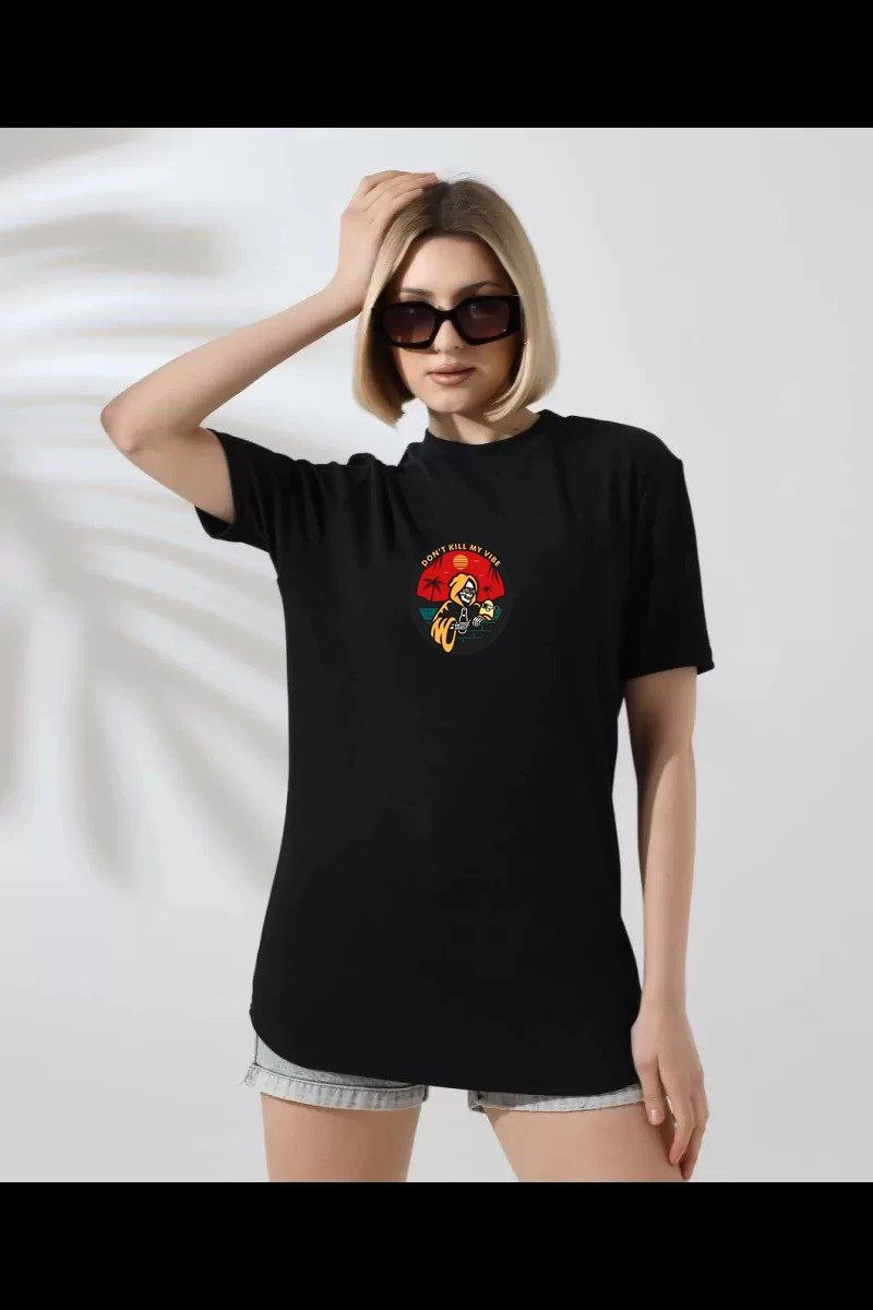 Bisiklet Yaka Baskılı T-Shirt - Siyah -