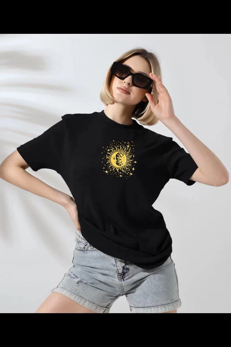 Bisiklet Yaka Baskılı T-Shirt - Siyah -