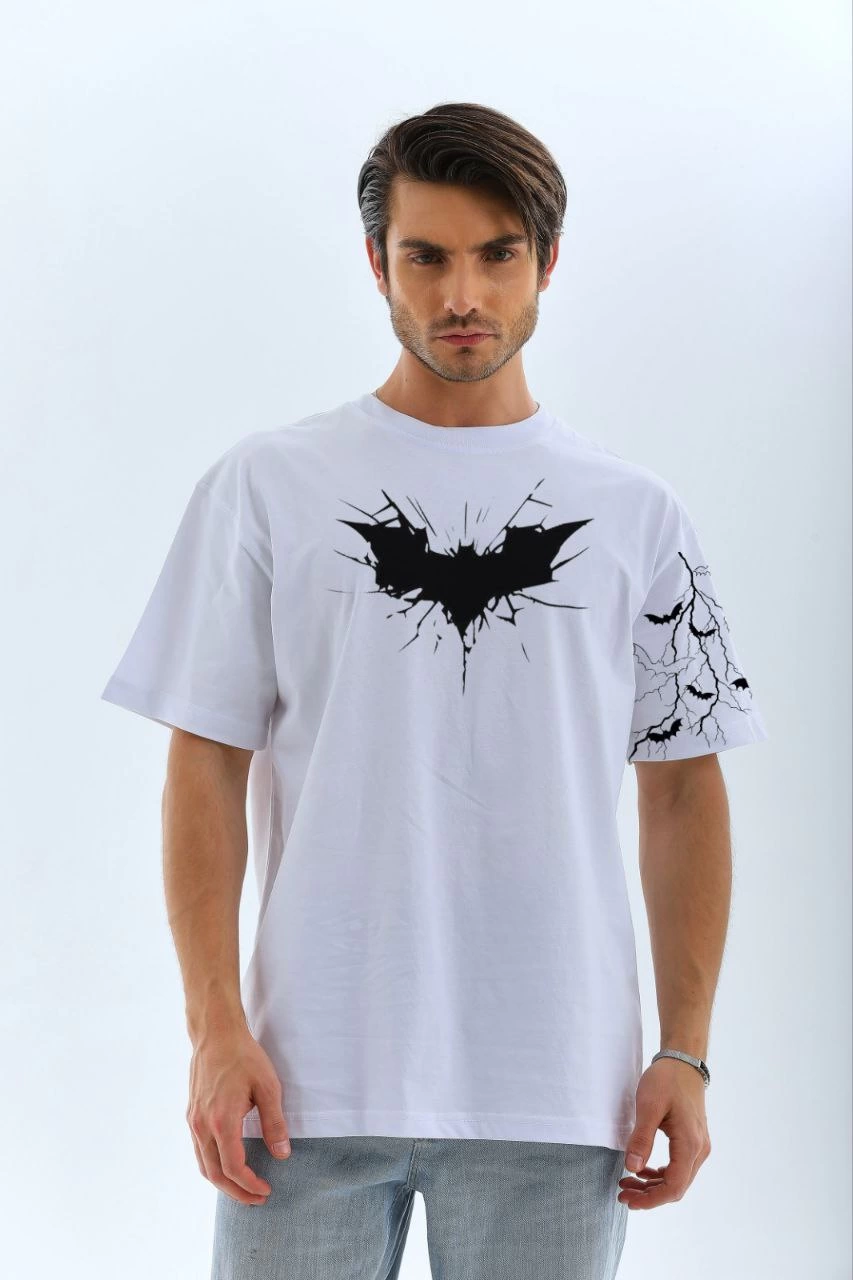 Ön ve Kol Baskılı Oversize T-shirt - Beyaz -