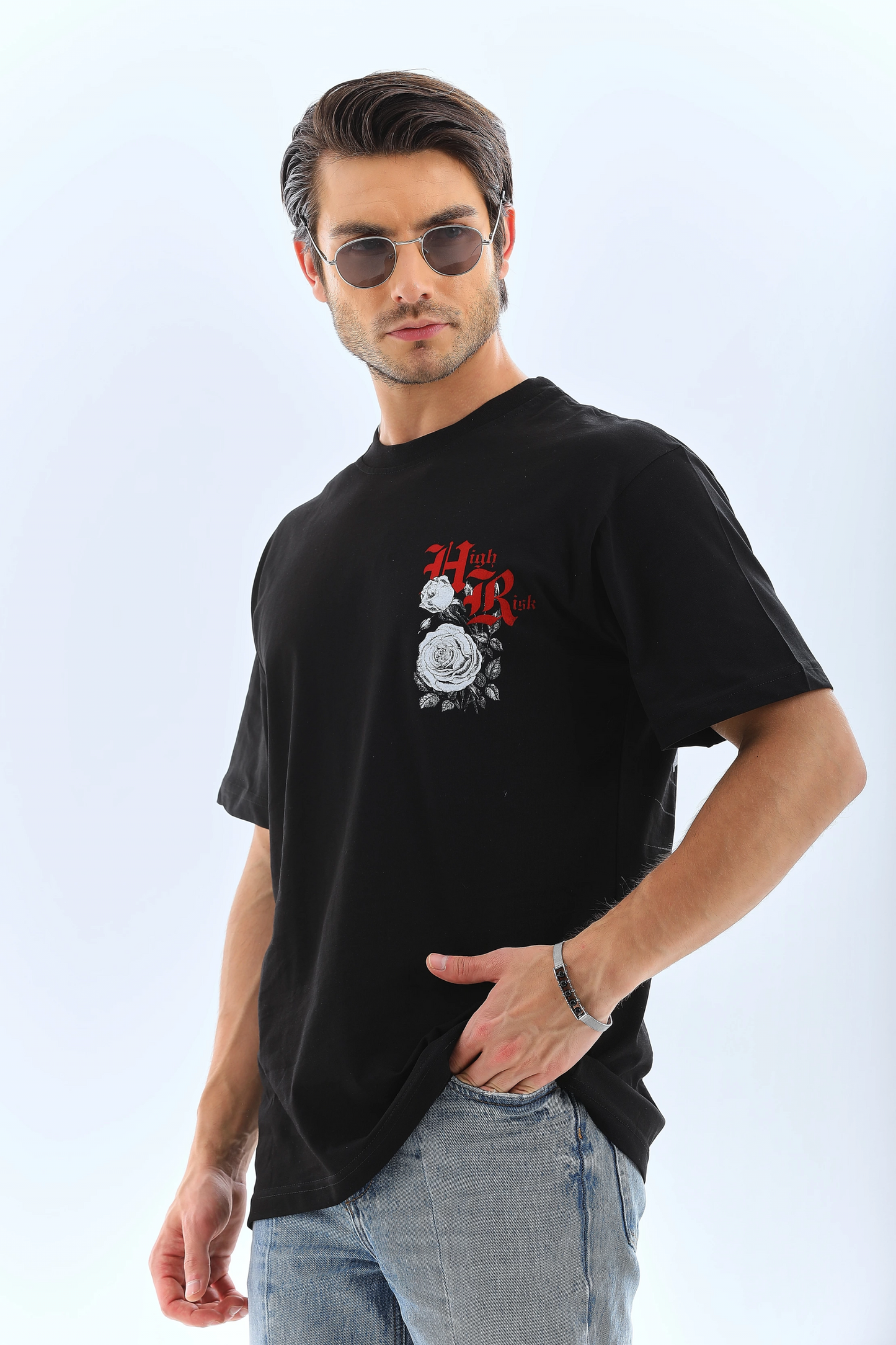 Oversize Baskılı Bisiklet Yaka T-Shirt - Siyah -