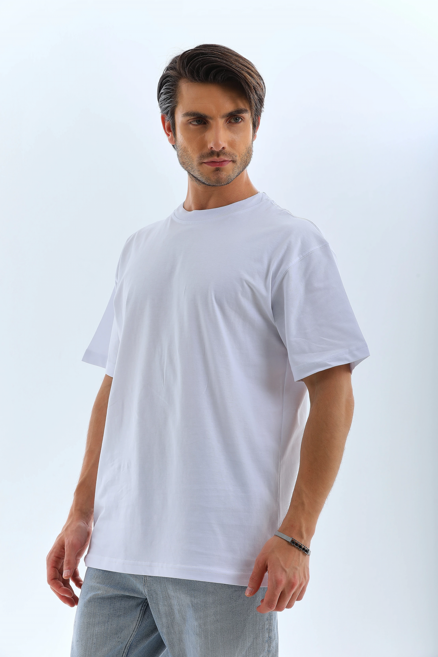 Oversize Düz Bisiklet Yaka T-Shirt - Beyaz