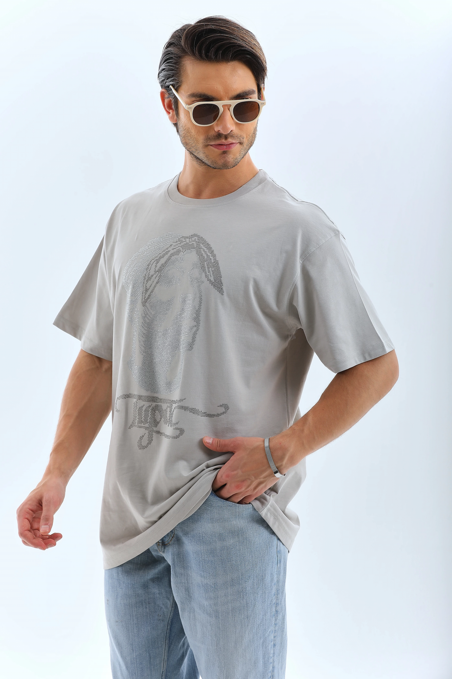 Oversize Taşlı Bisiklet Yaka T-Shirt - Gri -