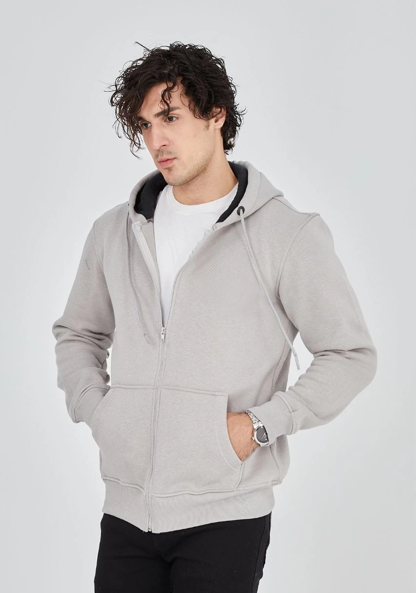 Tam Fermuarlı Kapşonlu SweatShirt - Boyalı Gri