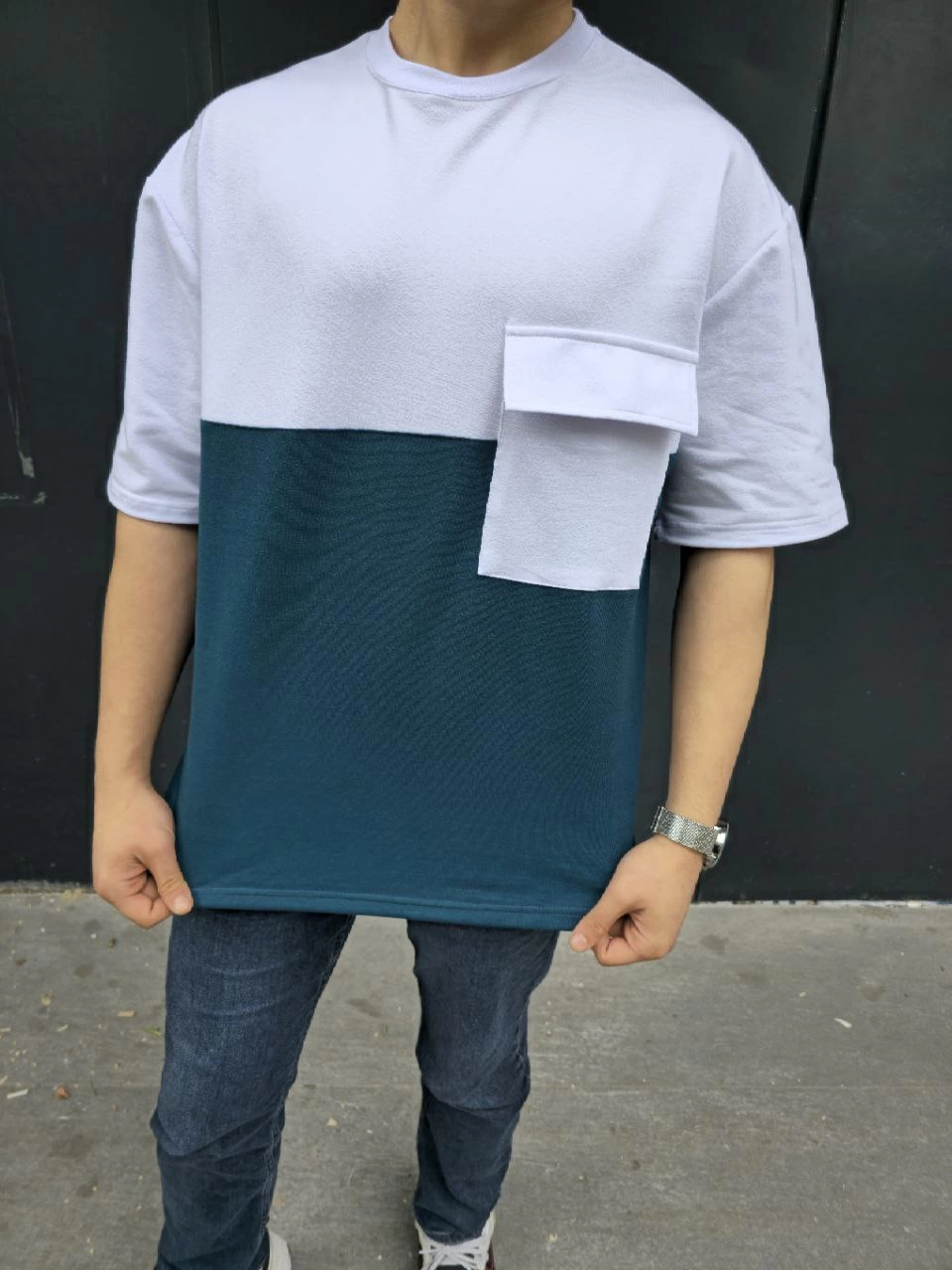 Torba Cep Detaylı Parçalı T-Shirt - Lacivert -