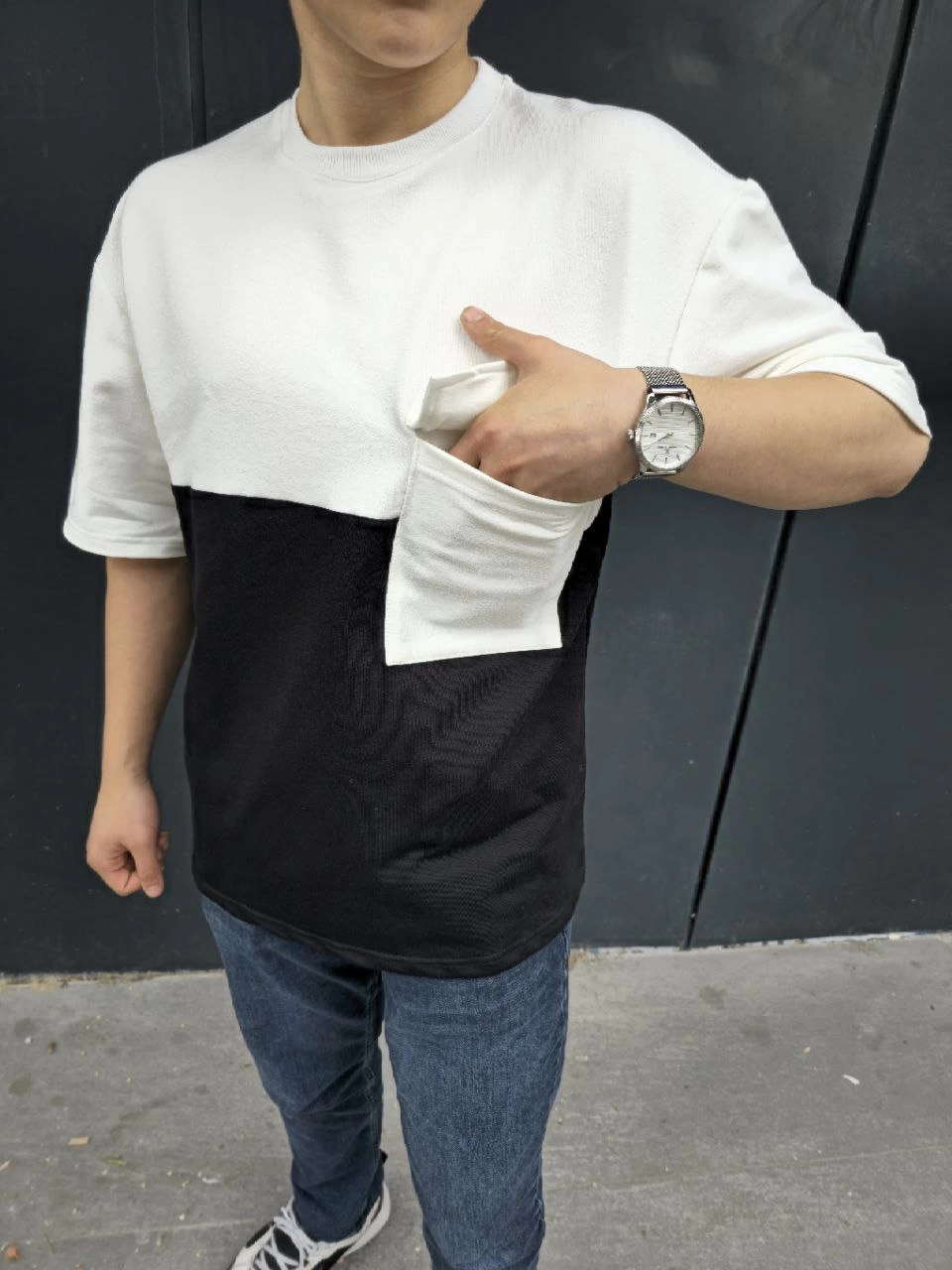Torba Cep Detaylı Parçalı T-Shirt - Siyah -