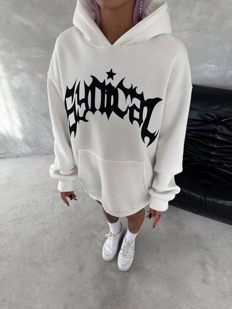 Üç İplik Kapüşonlu Baskılı SweatShirt - Beyaz -
