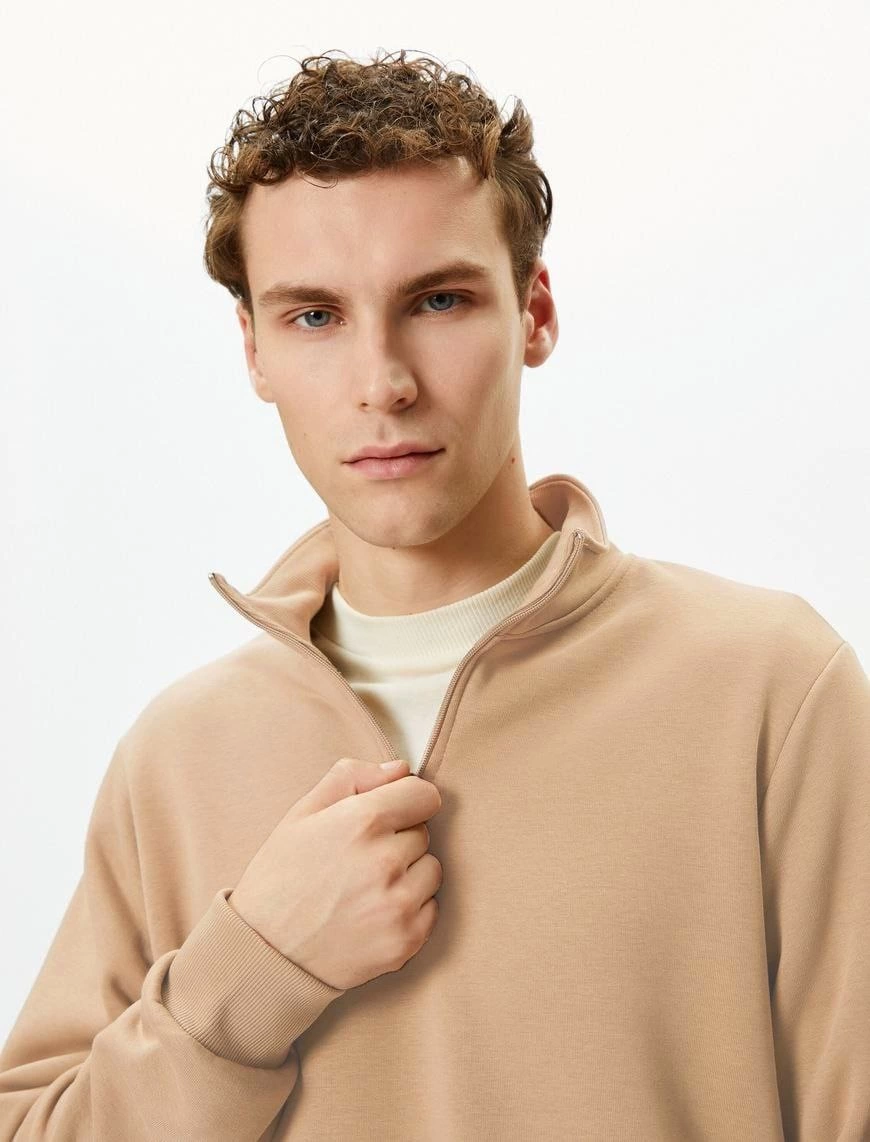 Uzun Kol Yarım Farmuarlı Yakalı Basic SweatShirt - Bej
